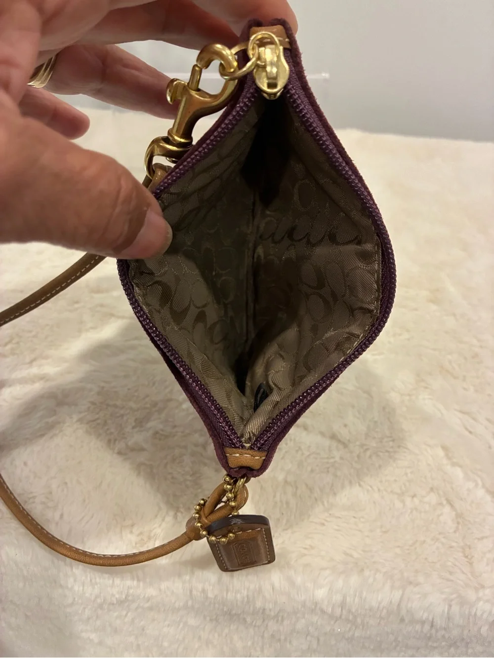 Coach Purple Suede Wristlet Clutch Brown Leather Trim Brass Grommet Y2K Vintage